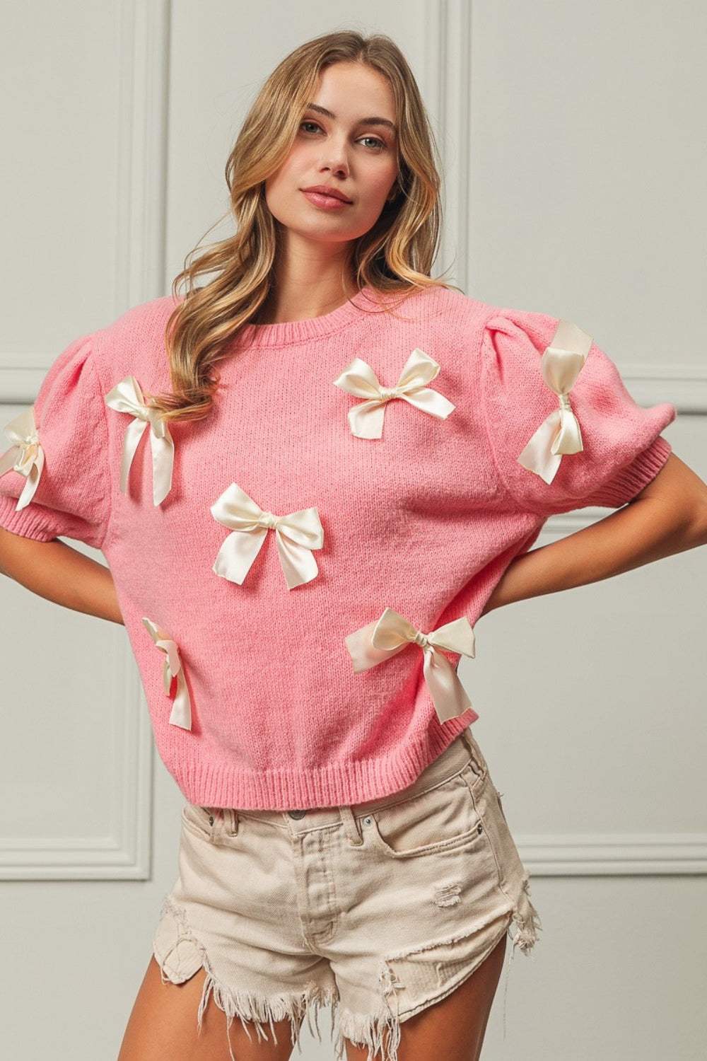 BiBi Ribbon Bow Detail Puff Sleeve Sweater - Trendsi - Flyclothing LLC