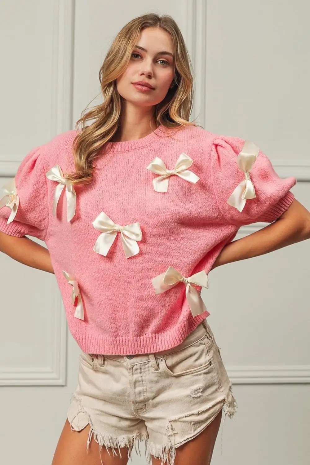 BiBi Ribbon Bow Detail Puff Sleeve Sweater - Trendsi - Flyclothing LLC