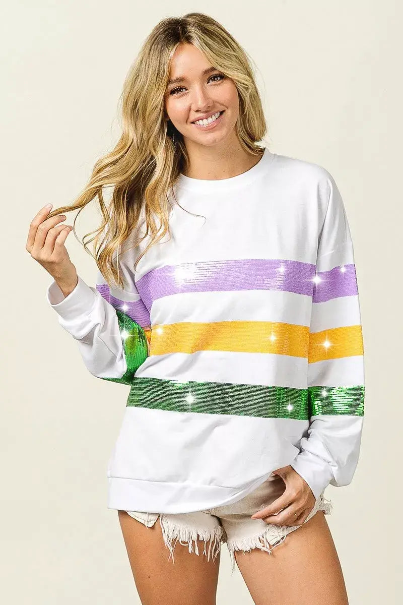BiBi Sequin Mardi Gras Striped Round Neck Sweatshirt - Trendsi - Flyclothing LLC