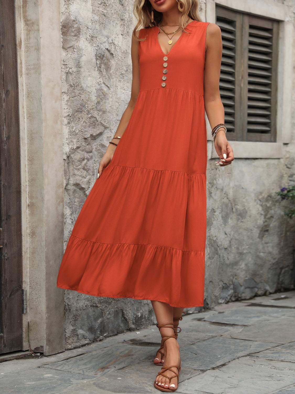 Decorative Button Notched Sleeveless Dress - Trendsi - Flyclothing LLC