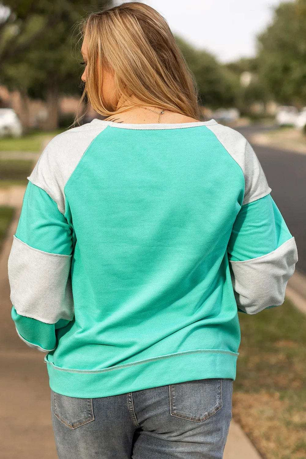 Plus Size Exposed Seam Color Block Long Sleeve Sweatshirt - Trendsi - Flyclothing LLC