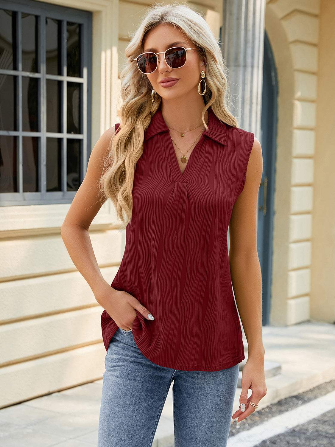Textured Johnny Collar Tank - Trendsi - Flyclothing LLC
