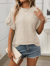 Eyelet Round Neck Flounce Sleeve Top - Trendsi - Flyclothing LLC