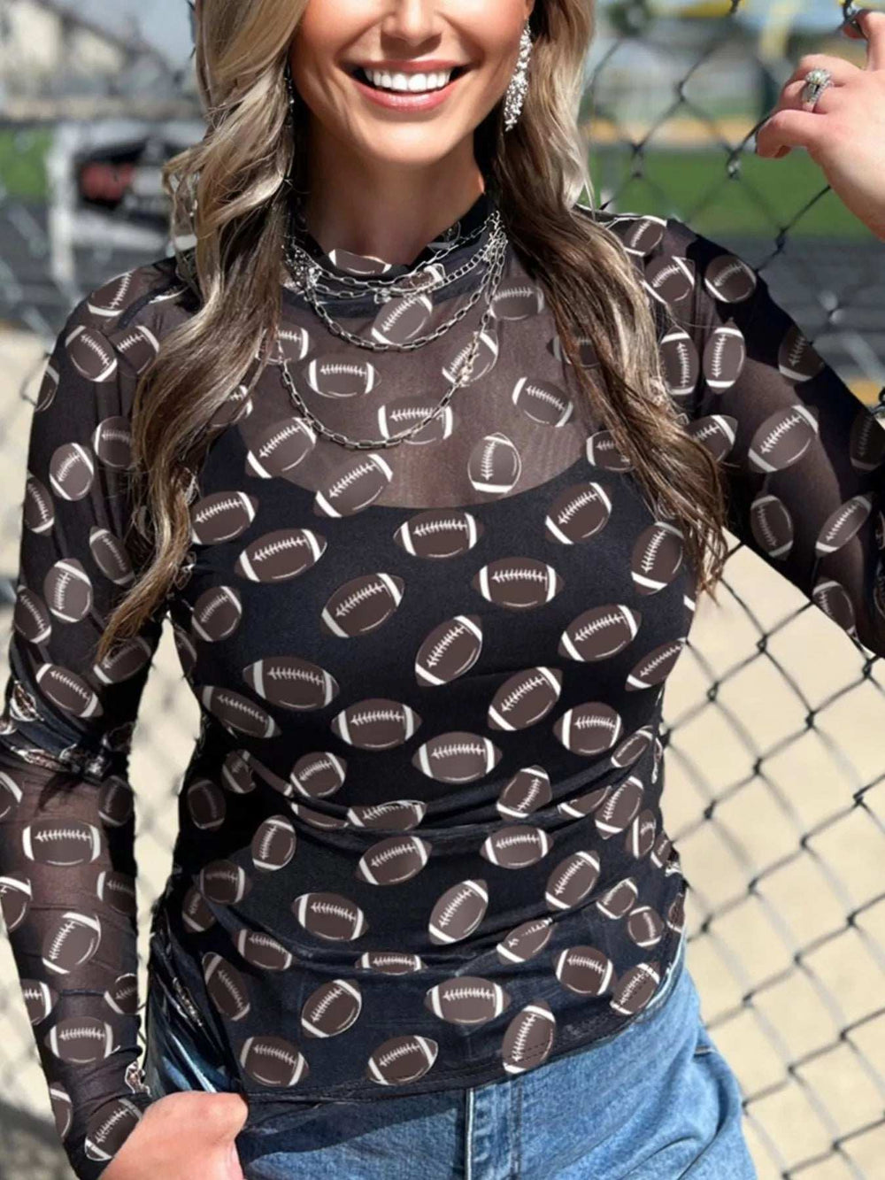 Game Day Mesh Sheer Long Sleeve Top - Trendsi - Flyclothing LLC