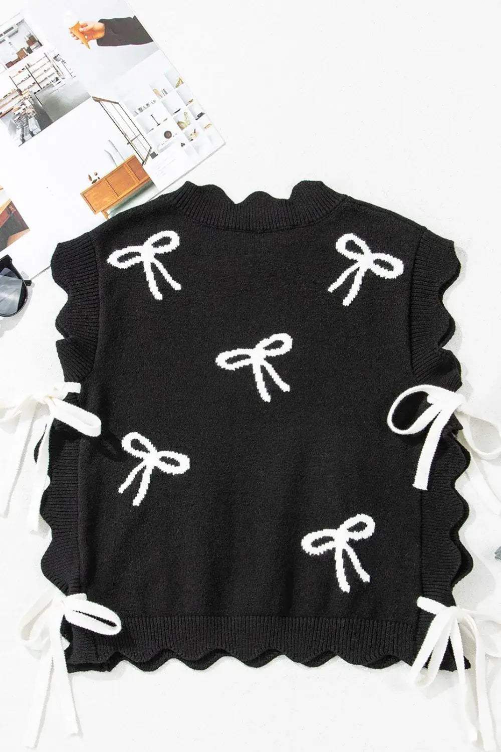 Bow Side Ties Scalloped Hem Cap Sleeve Sweater - Trendsi - Flyclothing LLC
