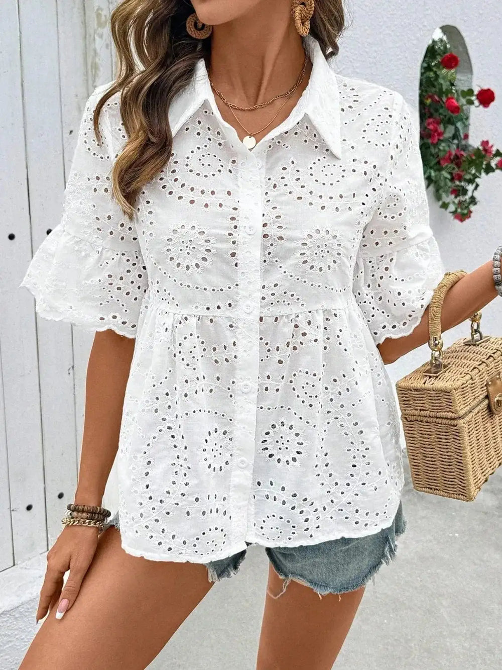 Eyelet Solid Collared Neck Half Sleeve Shirt - Trendsi