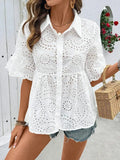 Eyelet Solid Collared Neck Half Sleeve Shirt - Trendsi