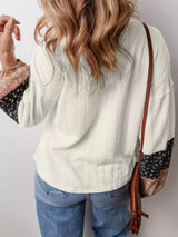 Floral Patchwork Textured Knit Drawstring V Neck Blouse - Trendsi - Flyclothing LLC