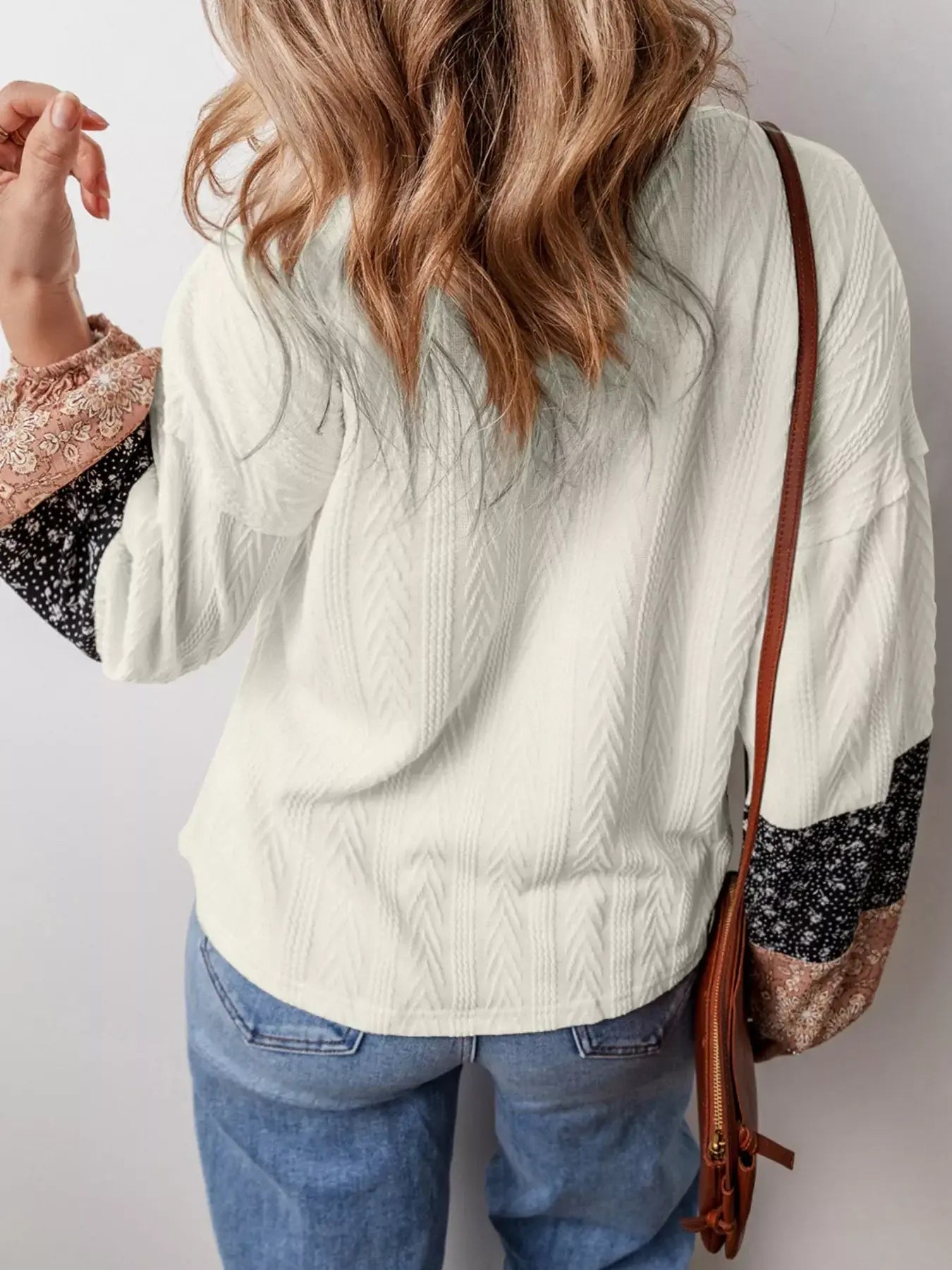 Floral Patchwork Textured Knit Drawstring V Neck Blouse - Trendsi - Flyclothing LLC