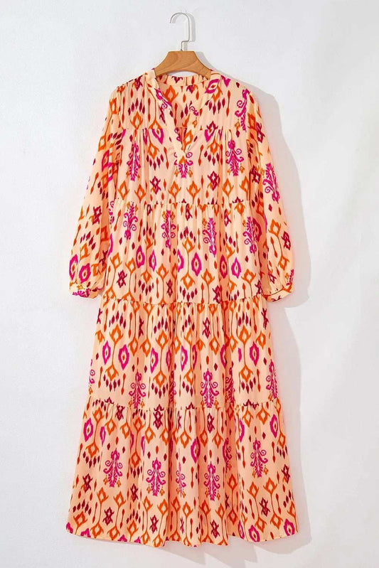 Tiered Printed Notched Long Sleeve Midi Dress - Trendsi - Flyclothing LLC