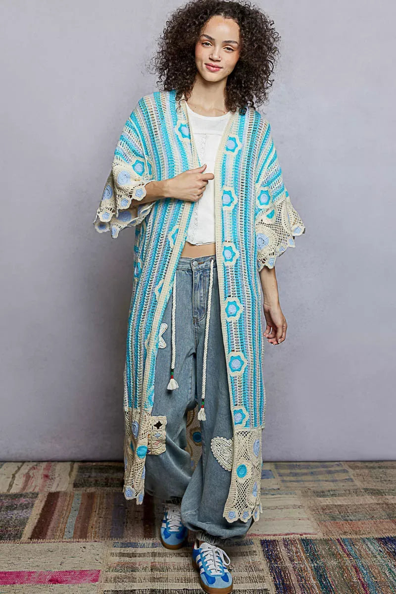 POL Striped and Floral Pattern Crochet Longline Cardigan - Trendsi - Flyclothing LLC
