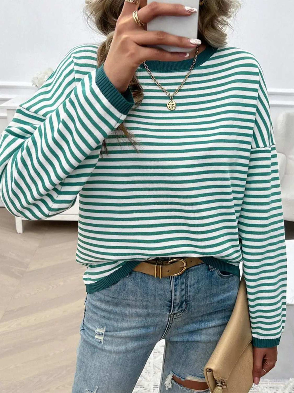 Striped Round Neck Dropped Shoulder Sweater - Trendsi - Flyclothing LLC
