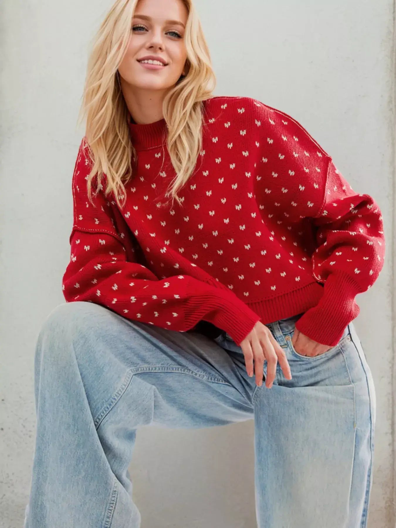 Heart-Patterned Round Neck Sweater - Trendsi - Flyclothing LLC