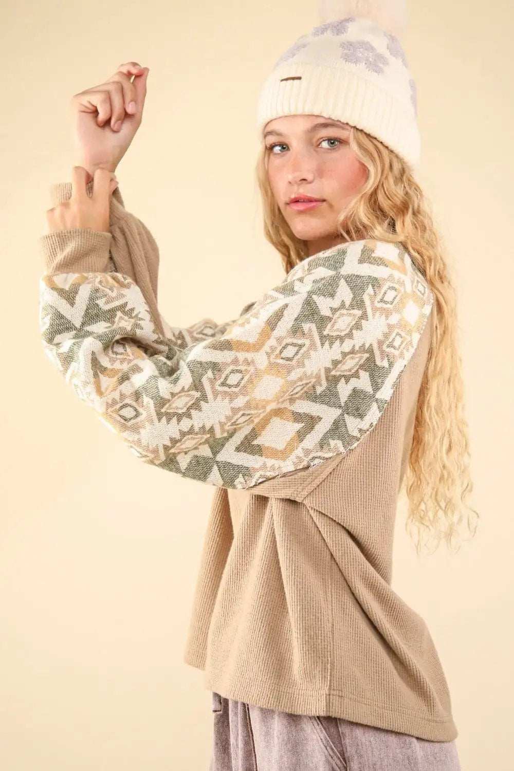 VERY J Printed Long Sleeve Round Neck Knit Top - Trendsi - Flyclothing LLC