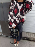 Contrast Diamond Round Neck Long Sleeve Sweater - Trendsi - Flyclothing LLC