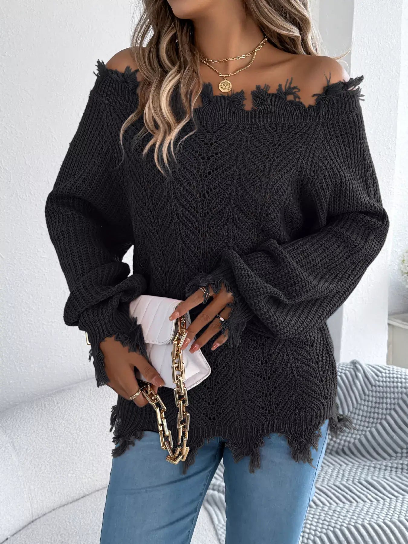 Distressed Hem Openwork Off-Shoulder Sweater - Trendsi - Flyclothing LLC