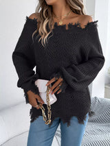 Distressed Hem Openwork Off-Shoulder Sweater - Trendsi - Flyclothing LLC