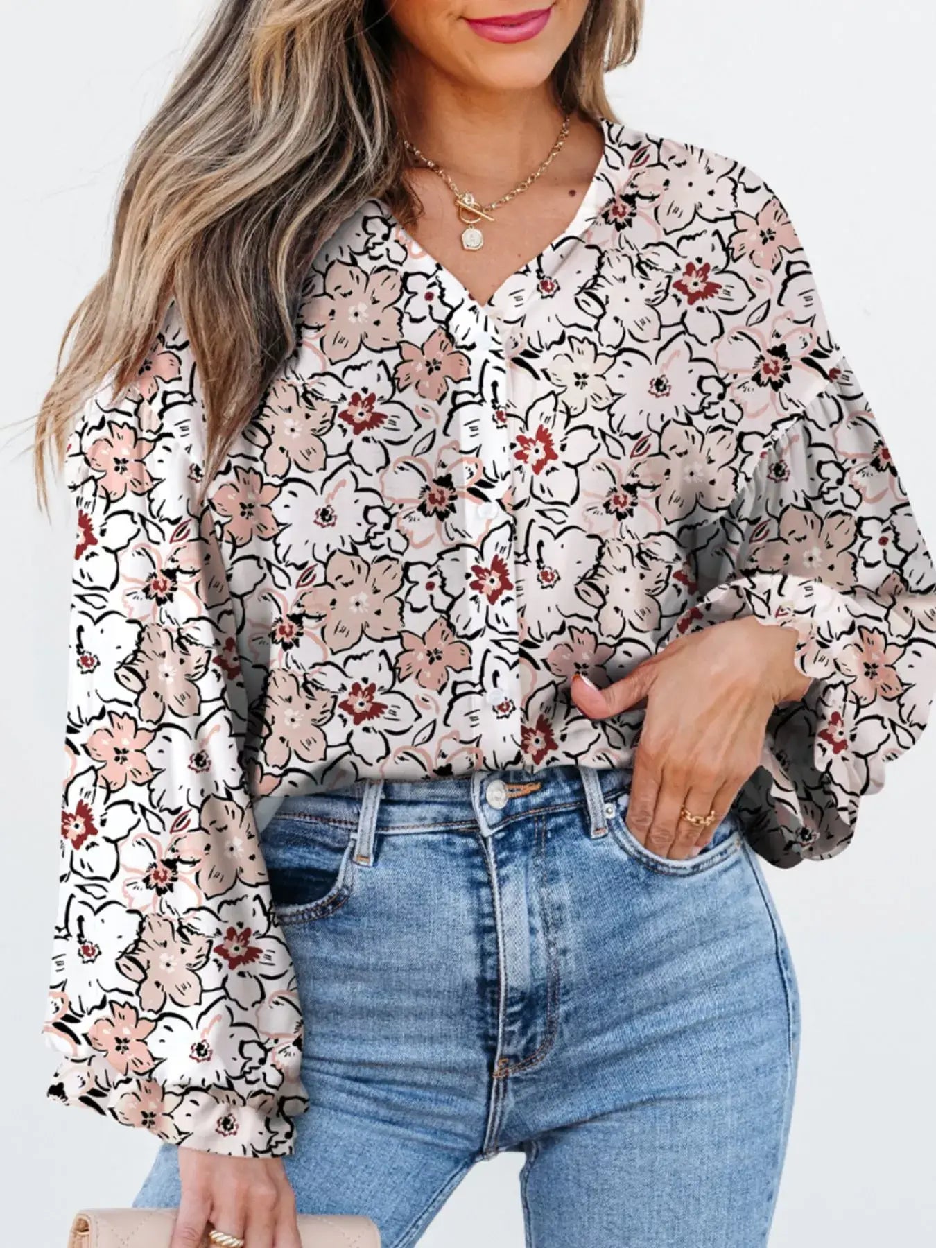 Floral Print Frilled Puff Sleeve Button Down Shirt - Trendsi - Flyclothing LLC