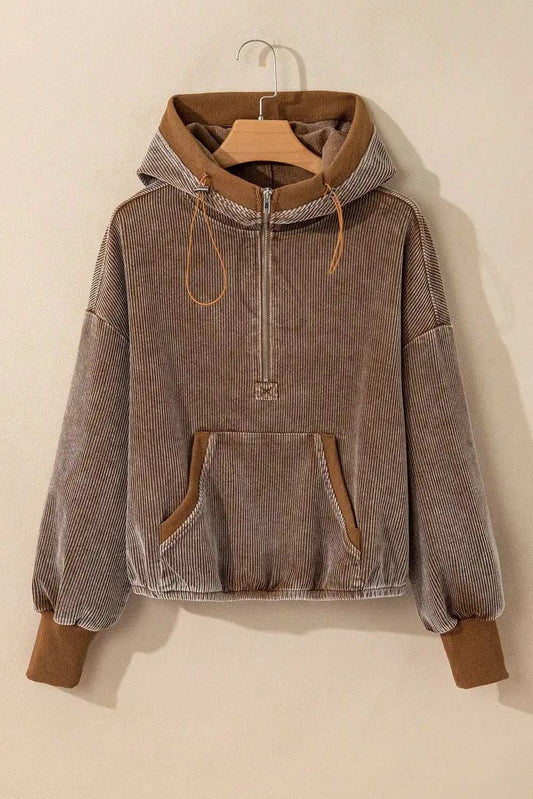 Drawstring Half Zip Long Sleeve Hoodie - Trendsi - Flyclothing LLC