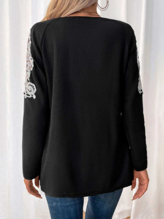 Perfee Lace Detail Quarter Zip Long Sleeve Top - Trendsi - Flyclothing LLC