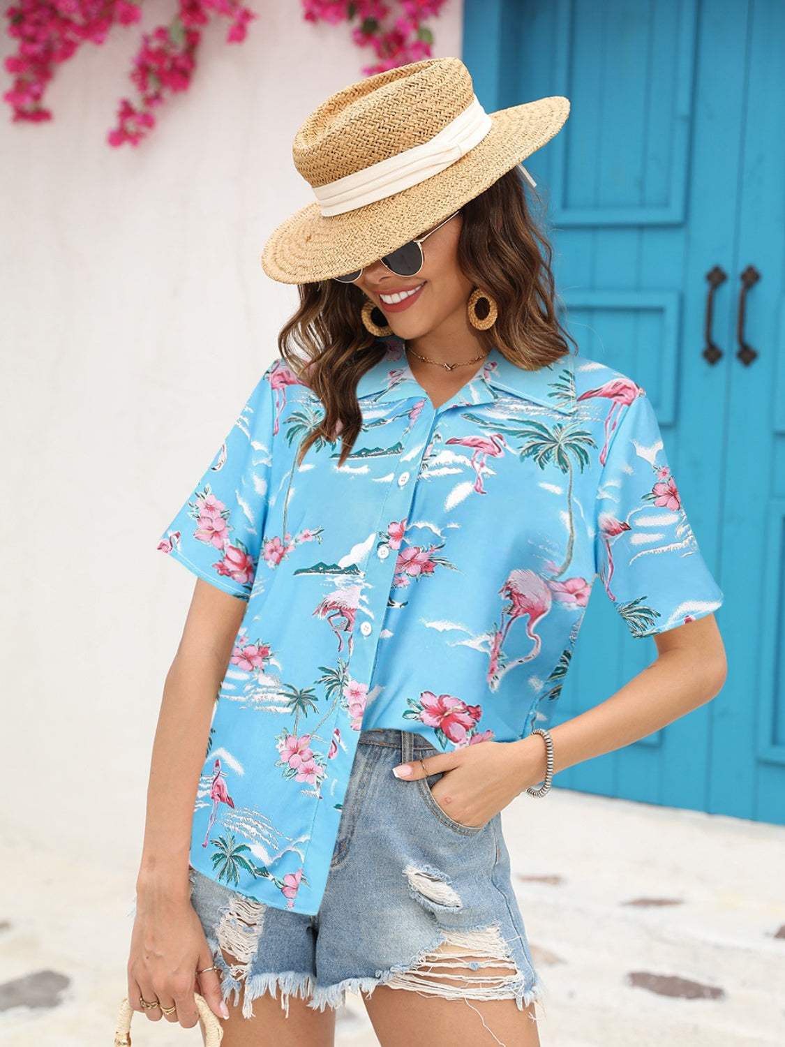 Printed Collared Neck Short Sleeve Shirt - Trendsi - Flyclothing LLC