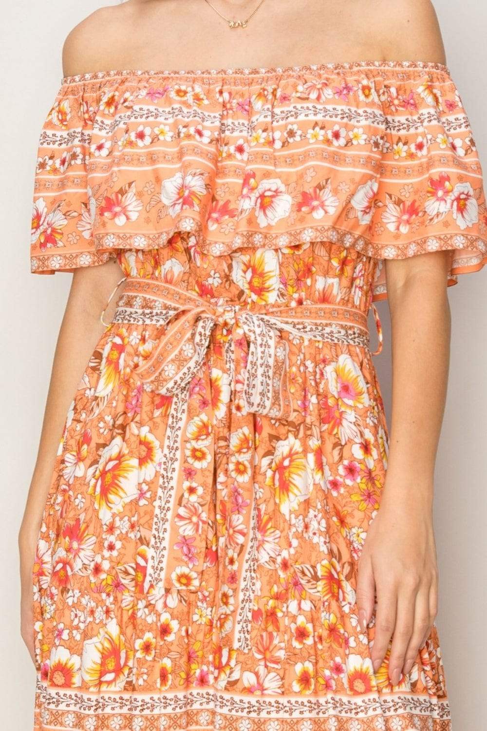 HYFVE Floral Off-Shoulder Tie Front Maxi Dress - Trendsi - Flyclothing LLC