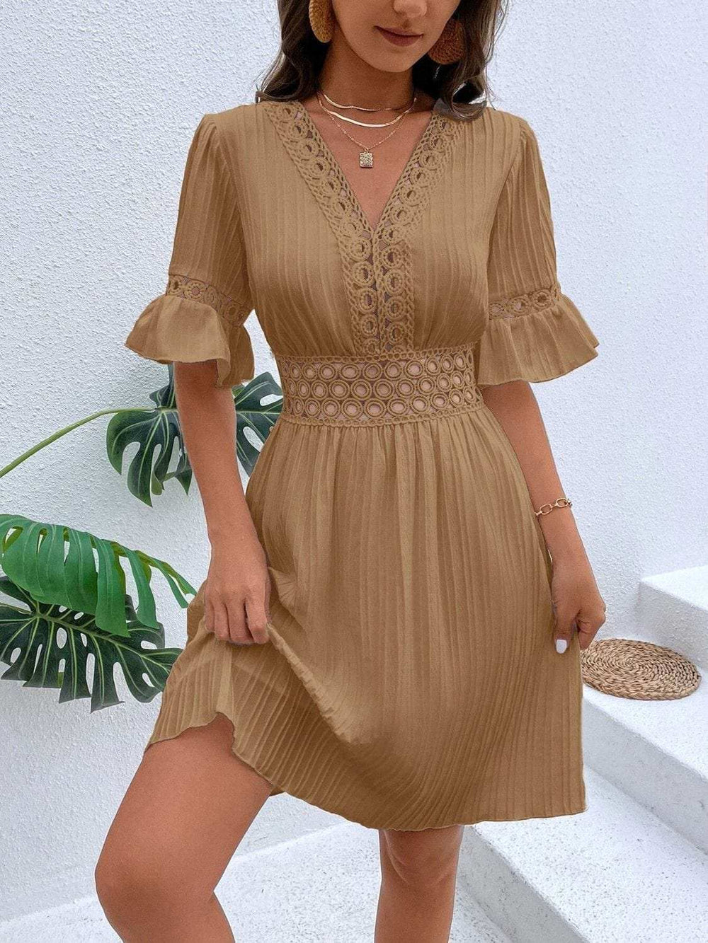 Cutout V-Neck Flounce Sleeve Mini Dress - Trendsi - Flyclothing LLC