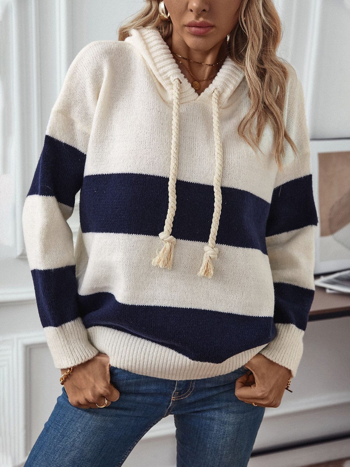 Drawstring Contrast Stripe Dropped Shoulder Hooded Sweater - Trendsi