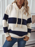 Drawstring Contrast Stripe Dropped Shoulder Hooded Sweater - Trendsi