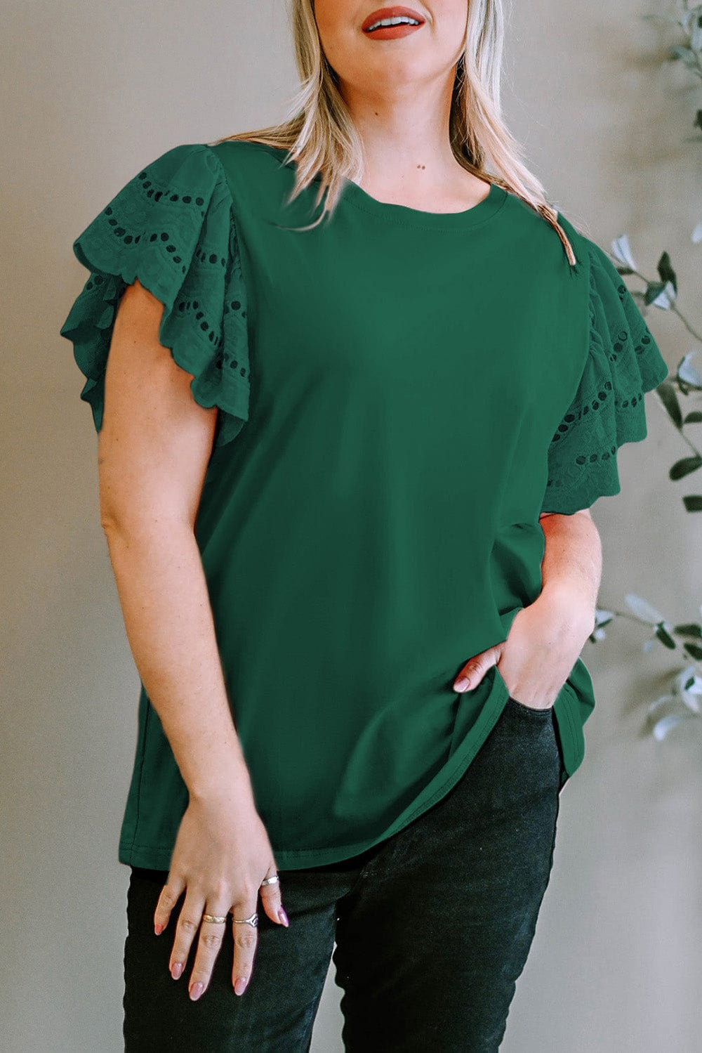Plus Size Eyelet Round Neck Short Sleeve Blouse - Trendsi
