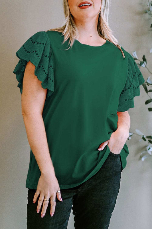 Plus Size Eyelet Round Neck Short Sleeve Blouse - Trendsi - Flyclothing LLC