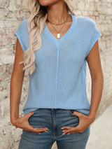 V-Neck Short Sleeve Knit Top - Trendsi - Flyclothing LLC