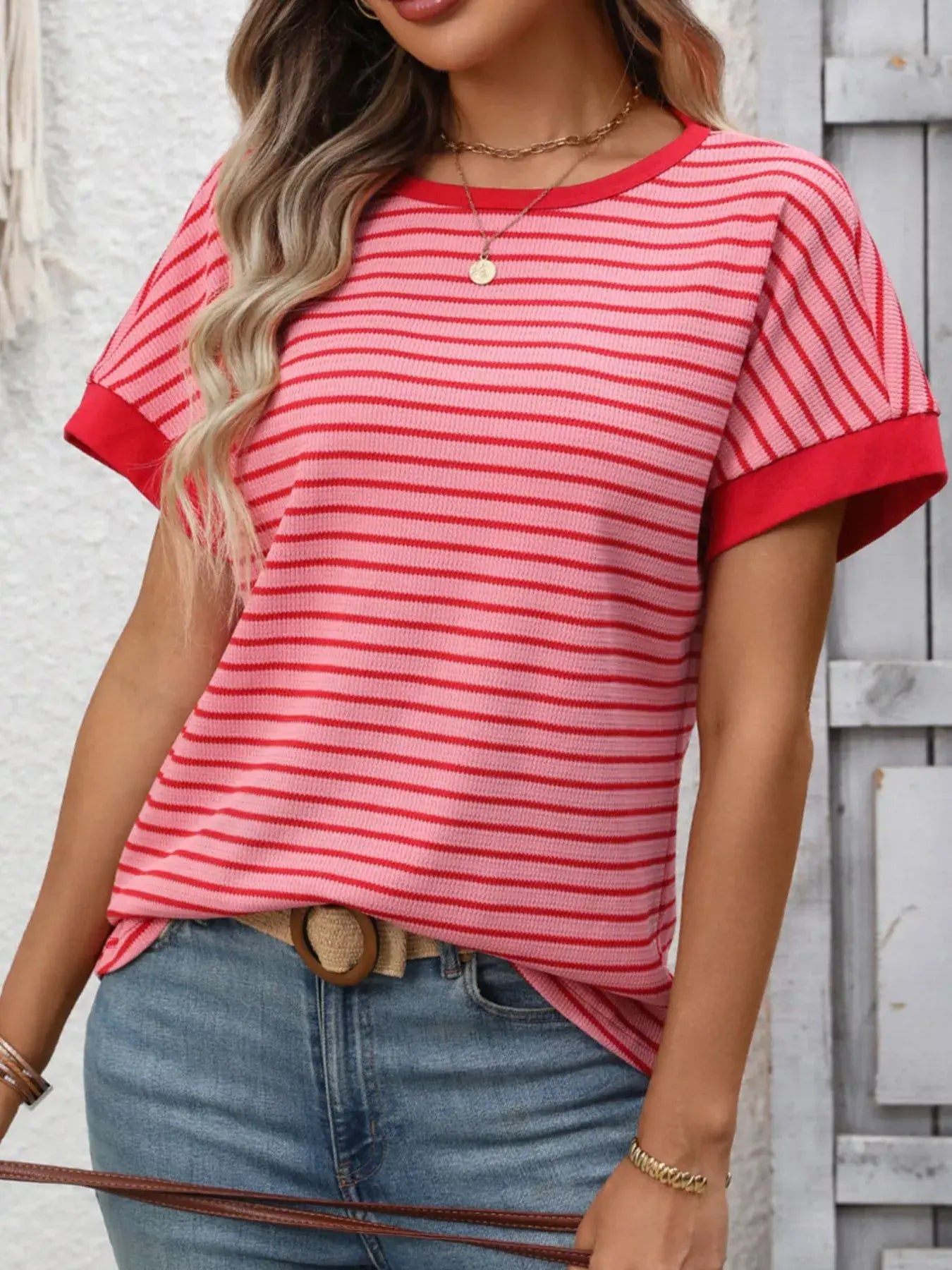 Striped Ribbed Knit Short Sleeve T-Shirt - Trendsi - Flyclothing LLC