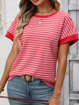 Striped Ribbed Knit Short Sleeve T-Shirt - Trendsi - Flyclothing LLC