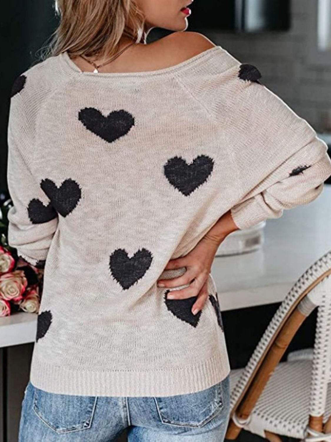 Heart Scoop Neck Long Sleeve Sweater - Trendsi - Flyclothing LLC