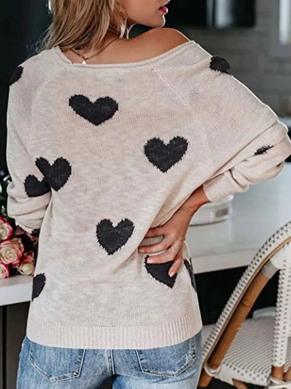 Heart Scoop Neck Long Sleeve Sweater - Trendsi - Flyclothing LLC