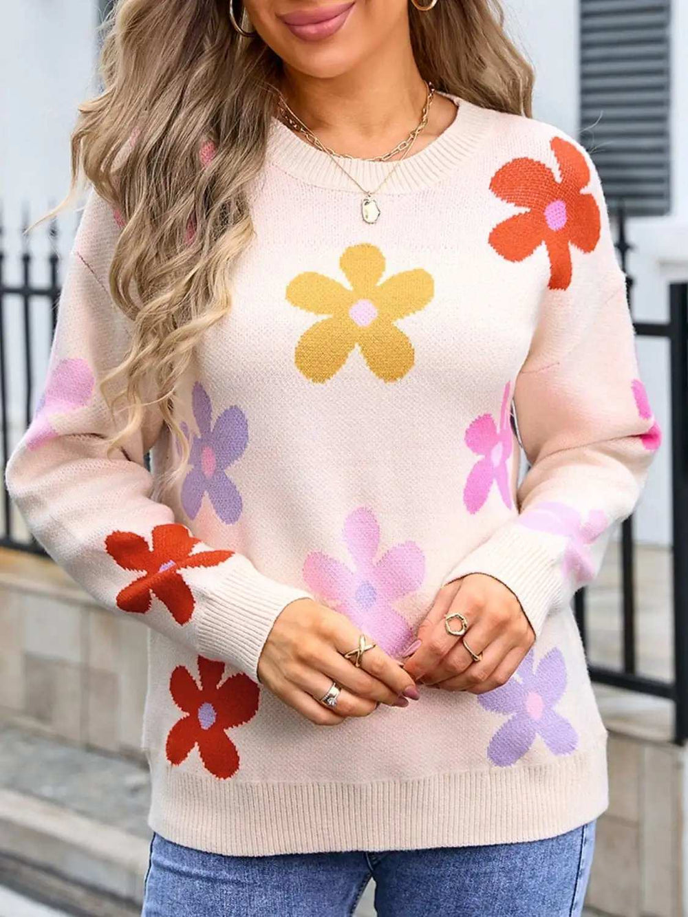 Flower Round Neck Long Sleeve Sweater - Trendsi - Flyclothing LLC