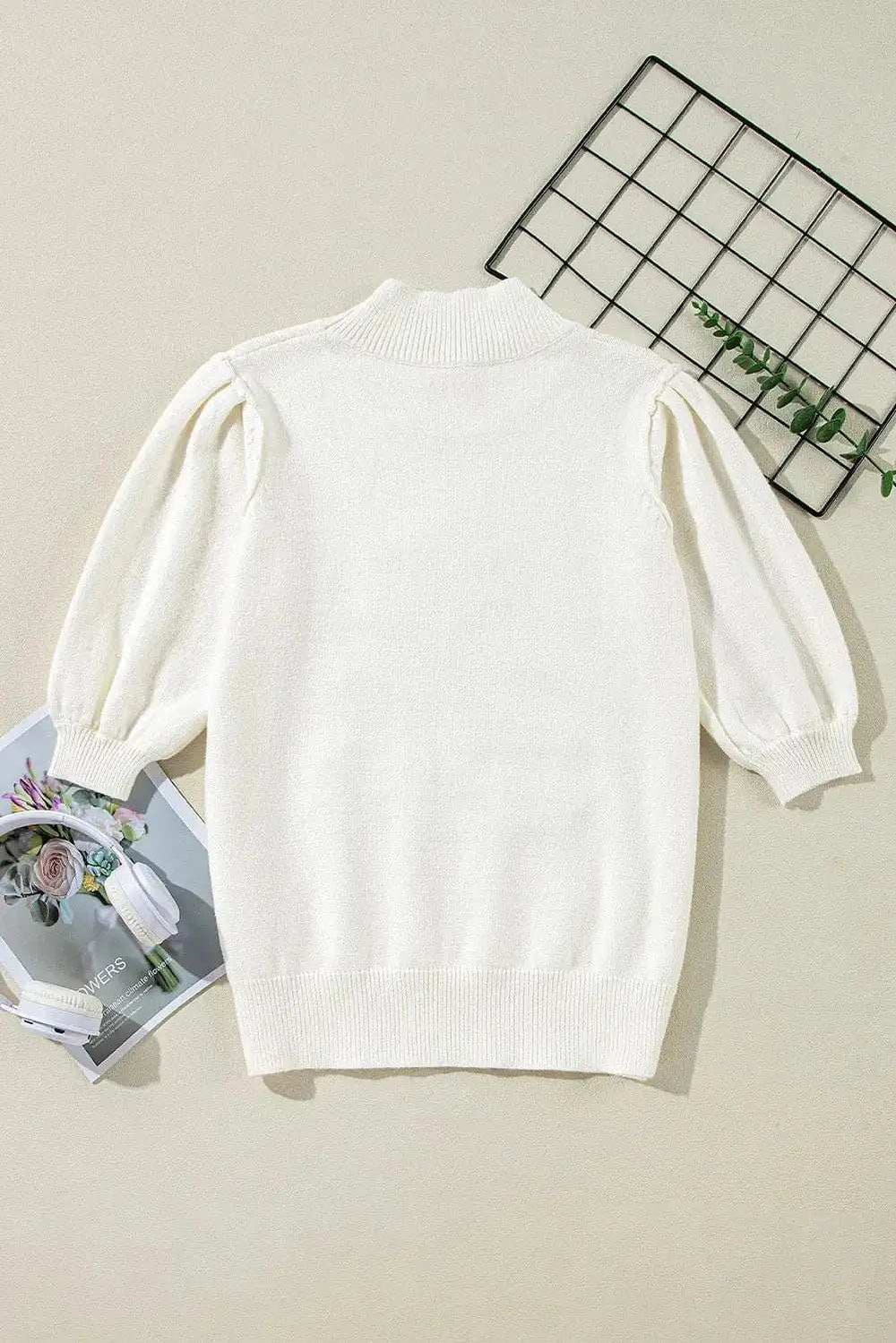 Sequin Mock Neck Short Sleeve Sweater - Trendsi - Flyclothing LLC