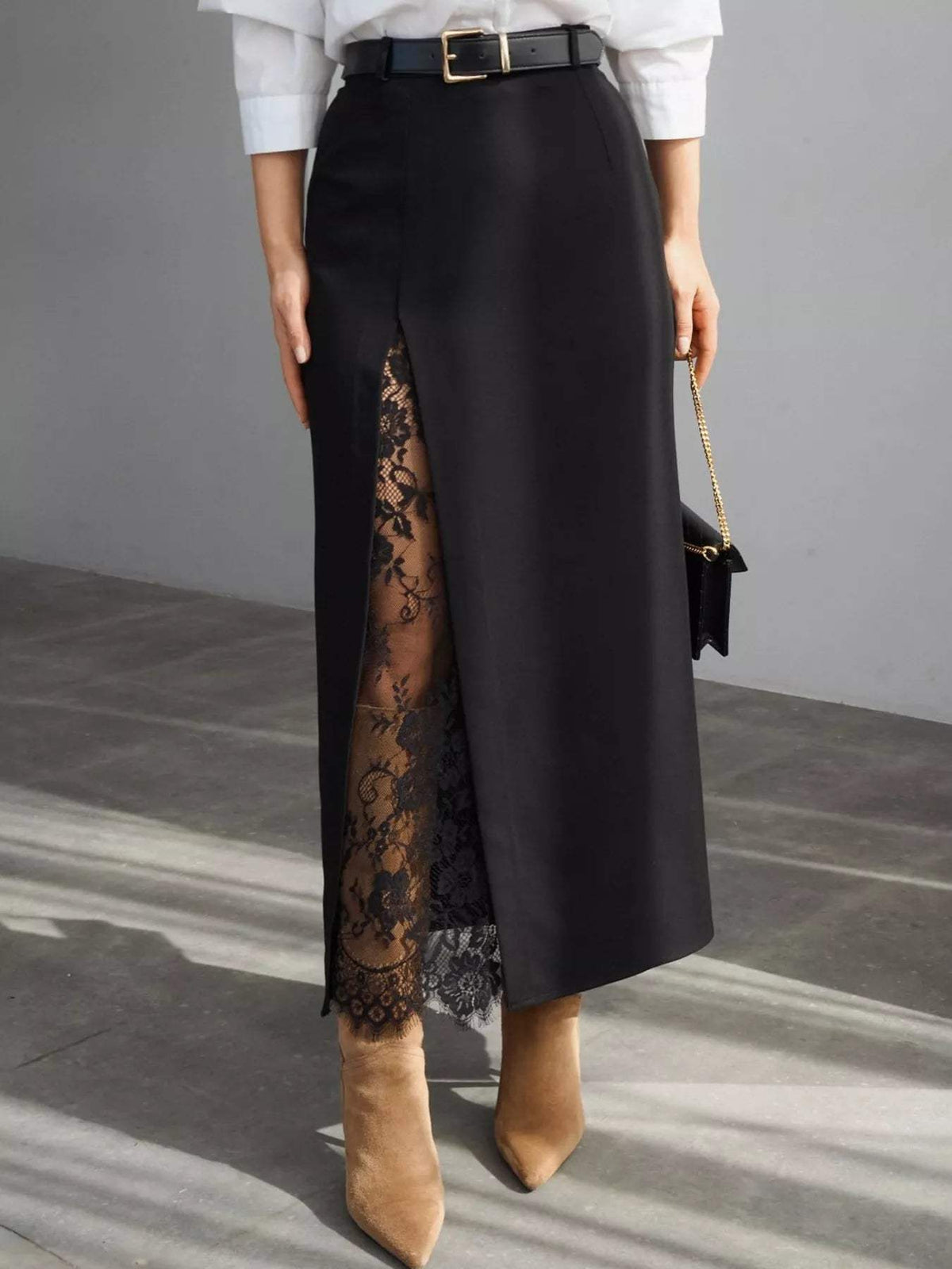Elegant Lace-Trimmed Slit A-Line Skirt - Trendsi - Flyclothing LLC
