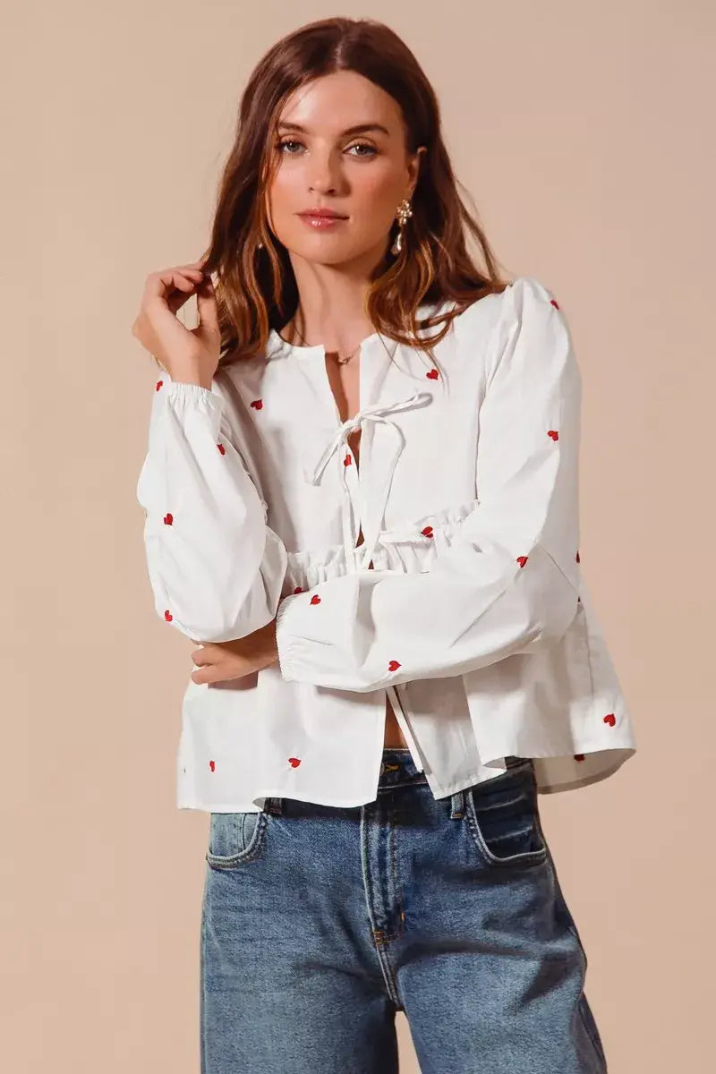 SO ME Front Tie Heart Embroidered Blouse With Puff Sleeve - Trendsi - Flyclothing LLC