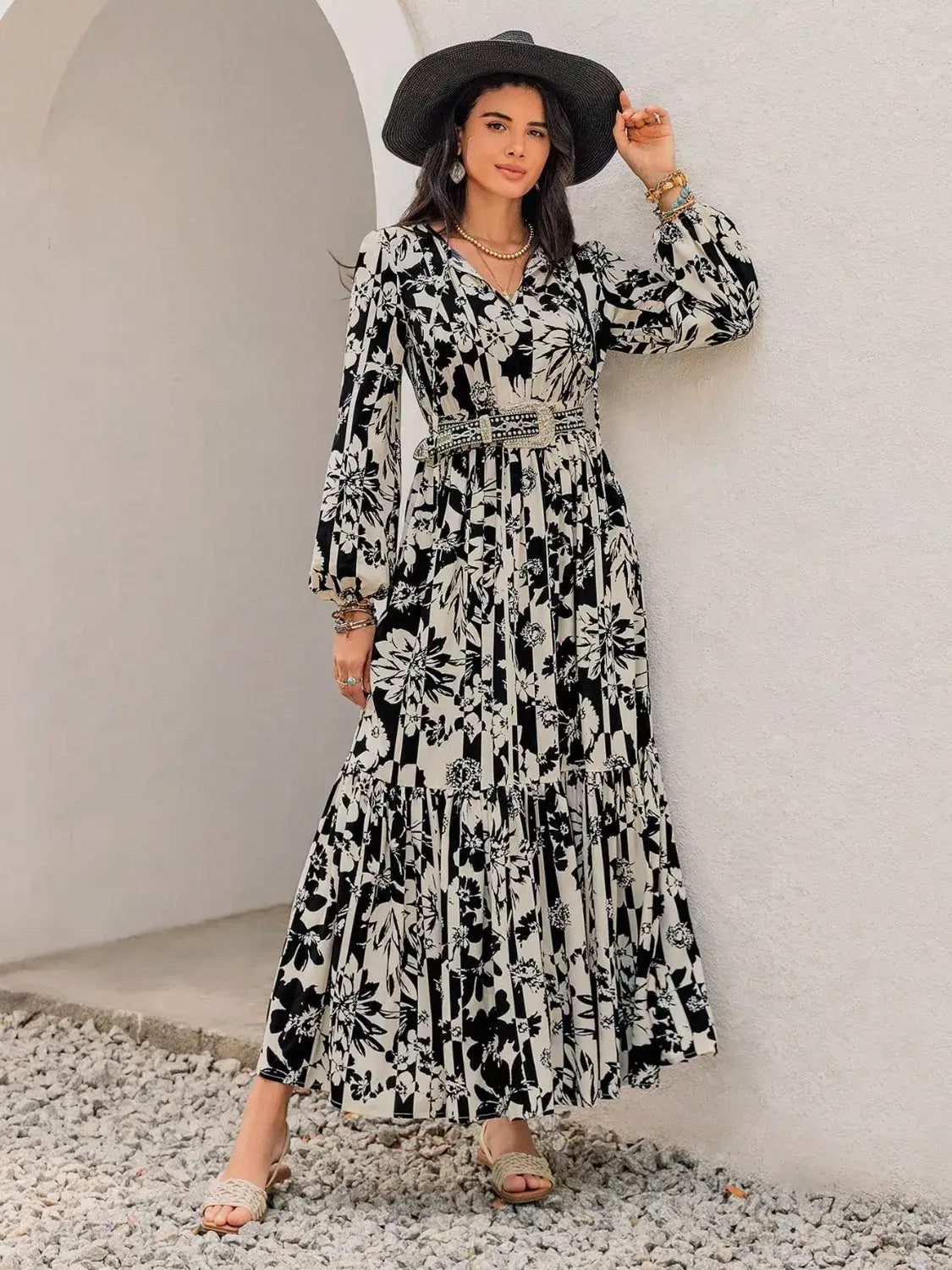 Plus Size Floral Print Balloon Sleeve Maxi Dress - Trendsi - Flyclothing LLC