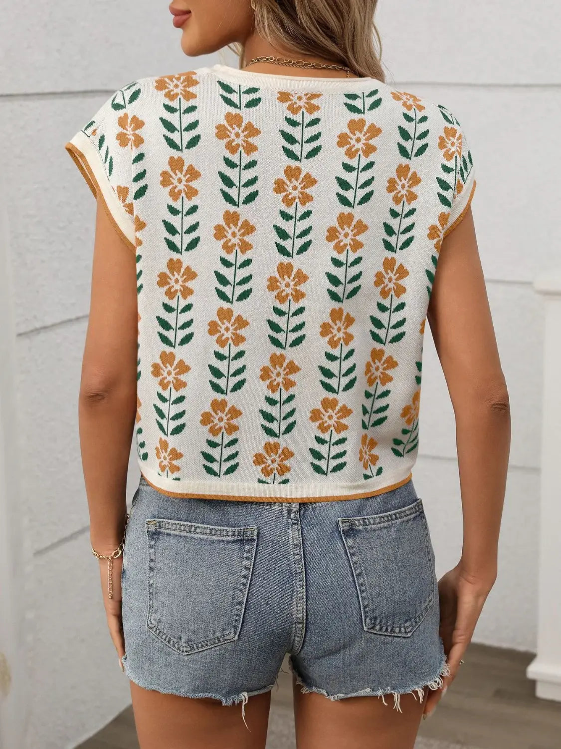 Flower Round Neck Short Sleeve Knit Top - Trendsi - Flyclothing LLC