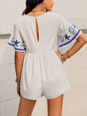 Printed V-Neck Half Sleeve Romper - Trendsi