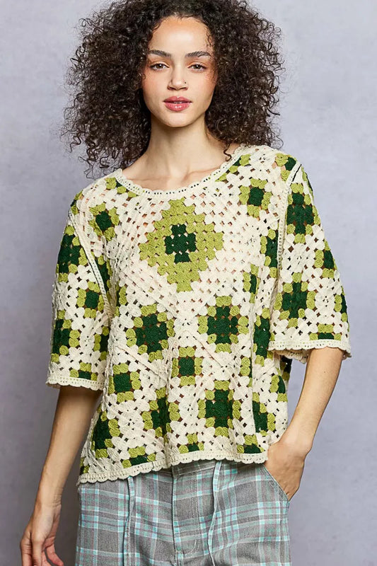 POL Round Neck Short Sleeve Color Pattern Crochet Top with Border Accents - Trendsi - Flyclothing LLC