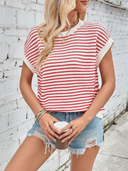 Lovelet Striped Round Neck Cap Sleeve Sweater - Trendsi
