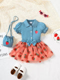 Children's Strawberry Short Sleeve Top and Skirt Set with Bag - Trendsi - Flyclothing LLC