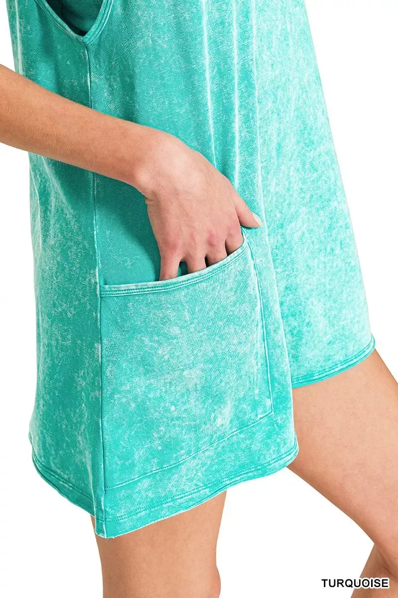Zenana Acid Washed Mini Dress With Built-in Romper Liner - Trendsi - Flyclothing LLC