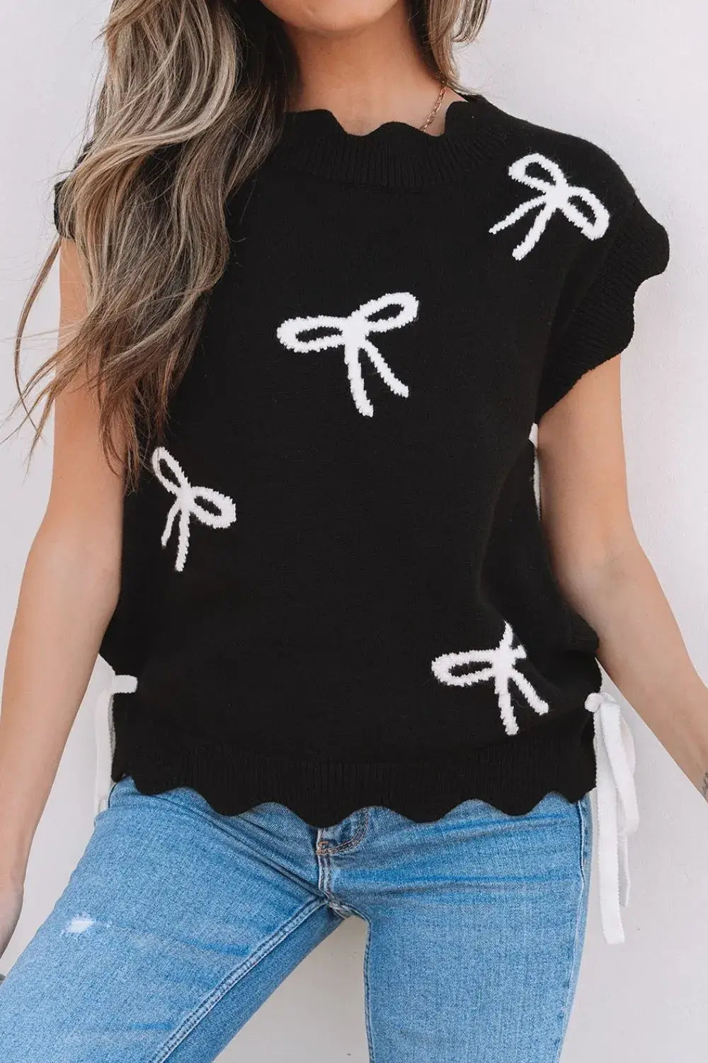 Bow Side Ties Scalloped Hem Cap Sleeve Sweater - Trendsi - Flyclothing LLC