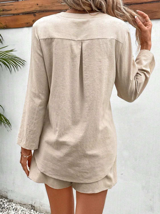 Notched Long Sleeve Top and Shorts Set - Trendsi - Flyclothing LLC