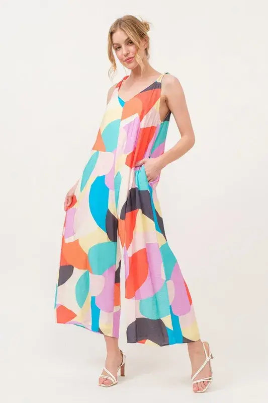 And The Why Tied Shoulder Straps Wide-Leg Geo Print Jumpsuit - Trendsi - Flyclothing LLC